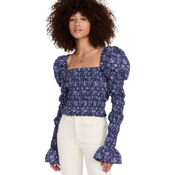 Caroline Constas Delilah Blue Puff Sleeve Camel Smocked Shirt Top Size Small - Picture 1 of 7